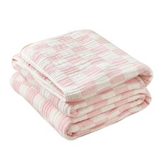 100 Cotton Muslin Throw Blanket 6-Layer Gauze Pink Checkered Bed Blanket Lig...