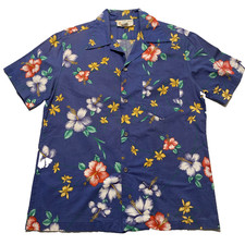 ROYAL HAWAIIAN 1960s Vintage Loop Collar Aloha Hibiscus Shirt Metal Button Large