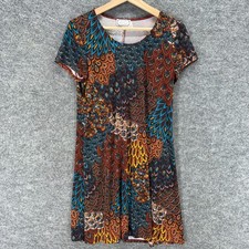My Road Dress Women M Red Animal Print Shift Midi Short Sleeve Casual