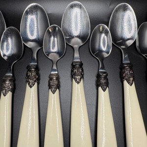 Set of 12 Ornate Cream Handle Silver Metal Spoons