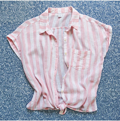 OLD NAVY Linen Cotton Boxy Top Cap Sleeve Pink White Striped Button Down Shirt.