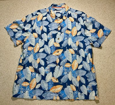 Tommy Bahama Silk Shirt Men's XL blue Hawaiian Camp Aloha Tropical wood buttons