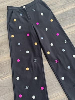 CHANEL Black Polka Dot Straight Leg Twill Cotton Pants Pockets Zip Button