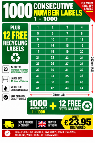 Green 1000 Self Adhesive Consecutive Number Inventory Labels Sticker 48mm X 25mm - Picture 1 of 6