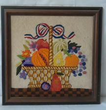 Vintage Needlepoint Framed Art Basket of Fruit 16.5 x 16.5 in Wall Hanging