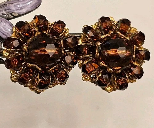 Vintage 1950s MIRIAM HASKELL Root Beer Rhinestone Clip-on Earrings gold-plated