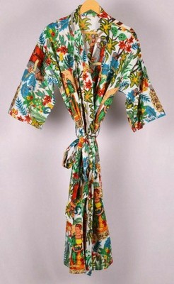 Indian Cotton Farida Kahlo Print Full Length Kimono Bath Robe Nightwear Dress