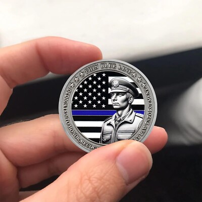 Polizei Challenge Coin – Thin Blue Line Münze, 4 Cm Durchmesser, Antik Versilbert, Mit US-Flaggen