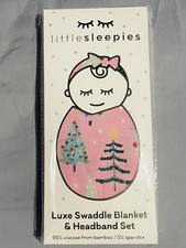 Little Sleepies Pink twinkling trees Christmas swaddle and headband set NIB