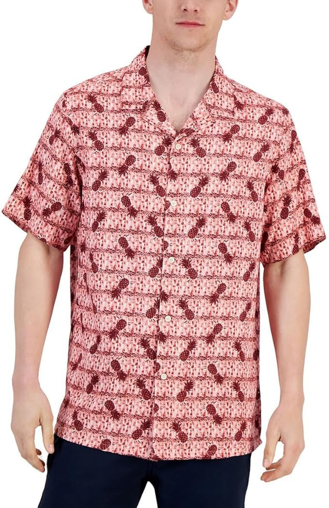 Мужская рубашка на пуговицах с принтом и поднятым воротником Club Room, красная, L