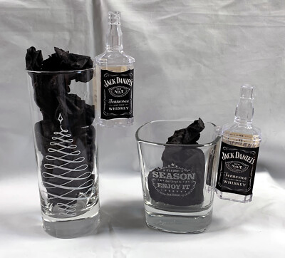 2 Jack Daniels Whiskey Glasses Tall & Short + 2 Hanging Bottle Shaped Shots