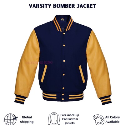 Letterman College Varsity  Navy Wool & Genuine Gold Leather Sleeve Jacket
