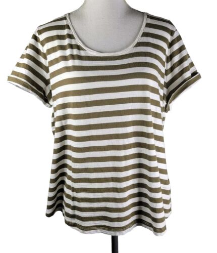 Lauren Ralph Lauren Womens Top Striped Tee Scoop Neck Olive Green White Size 2XL