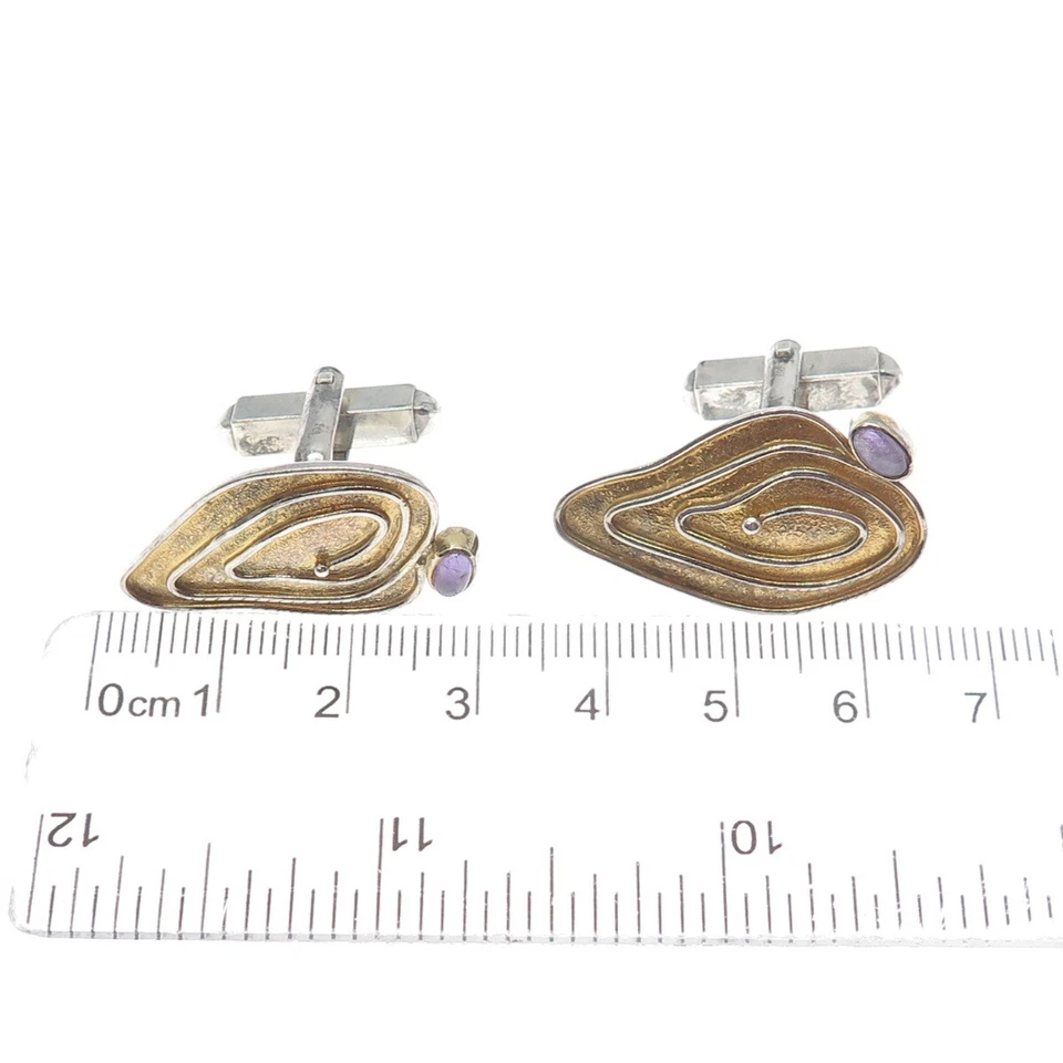 Gemelos modernistas vintage de plata de ley 925 de 2 tonos con piedras preciosas de amatista real Foto 3 de 4