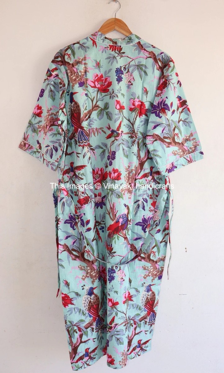 Indien Singe Couronne Imprimé Robe en Coton Court Kimono Pyjama Nuit