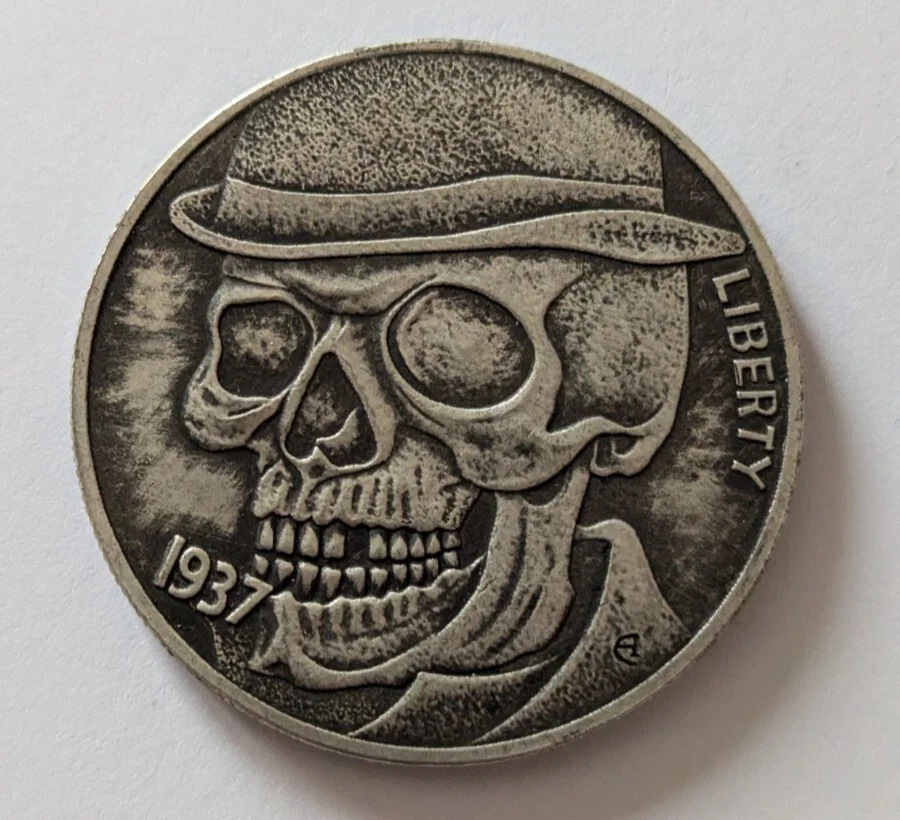 Pièce de monnaie fantaisie-crâne-squelette-chapeau-sourire-Saburov-new-hobo - Photo 1/2