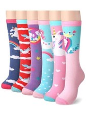 6 Pairs Kids Girls Knee High Socks Cute Unicorn Pattern Cotton Crew Socks Ani...
