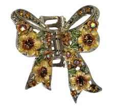 Vintage Bow Hair Barrette Claw Clip Floral Amber Yellow Rhinestones 2.5" Bridal