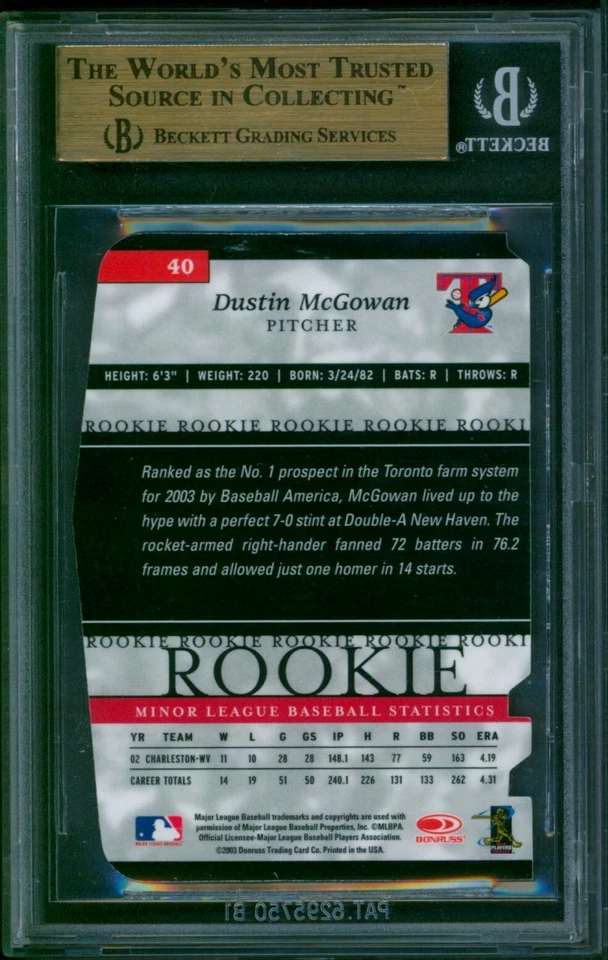 2003 Donruss Elite Extra Status Gold DUSTIN MCGOWAN #40 RC #/24 Rare SP BGS 9.5 - Image 2 of 2