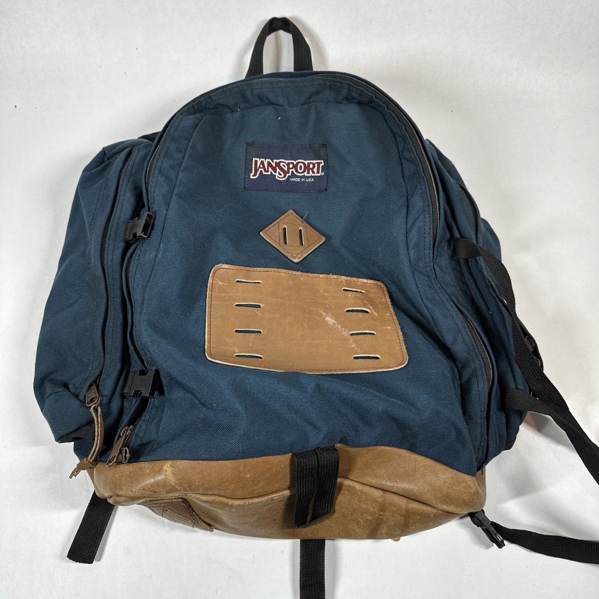 【USA製】JANSPORT Backpack Leather Bottom VINTAGE Jansport Backpack - Gray with Brown Leather Bottom