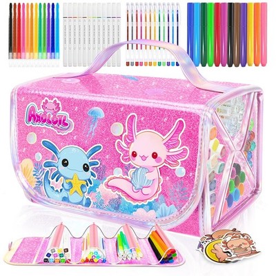 Coloring Set for Kids with Pencil Case, 70 Piece Axolotl Washable Writing Set Set...