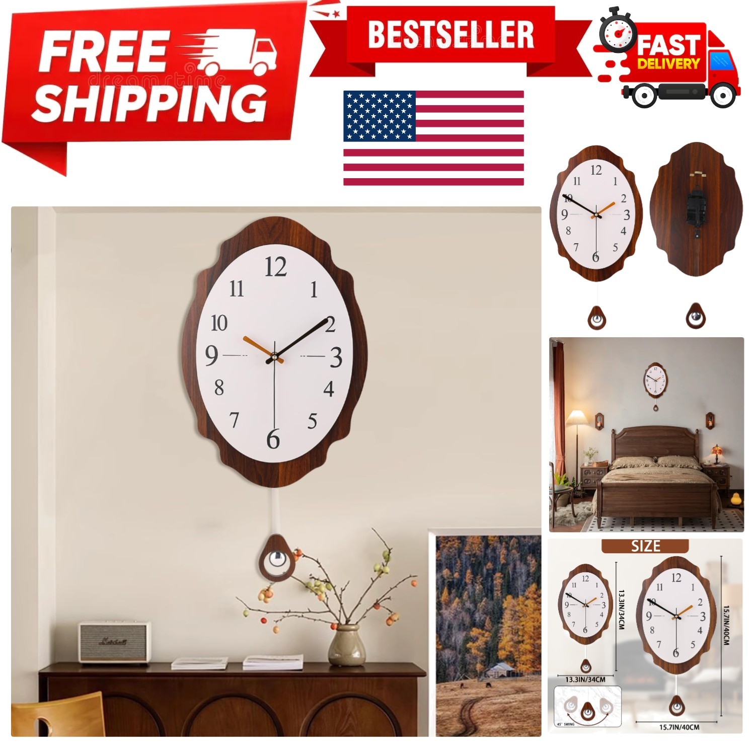 Large Wall Clock with Orange & Black Hands, Pendulum – Unique Wood - Slice De...