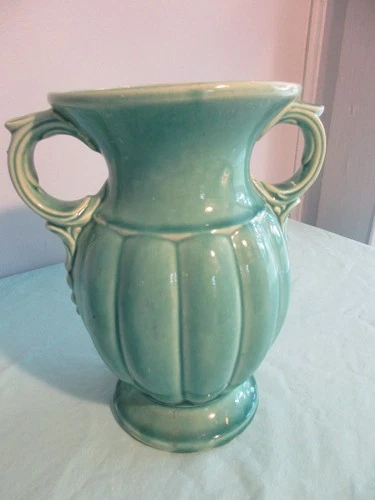 VTG McCoy Art Deco Vase Teal Green Turquoise Double Handled Ribbed 9" HTF