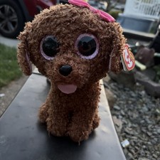 Ty Beanie Boos Maddie Brown Poodle Dog Pink Bow/Big Eyes Sparkle 9" Plush 2015