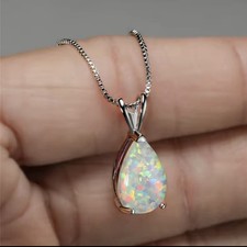 White Opal Fire Teardrop  Pendant Sterling Silver Necklace Chain Gift Boxed (92)