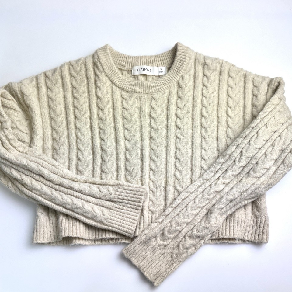 Glassons Cream Cropped Cable Knit Sweater Sz S Preppy Coquette