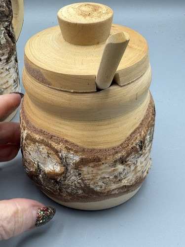 Vintage Unikat Naturrinde handgedrechselt Holzstein und Deckeldose mit Löffel - Bild 7 von 9