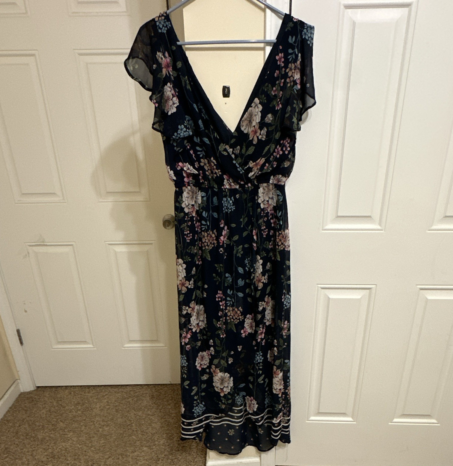 Maurices Women's Floral Chiffon Jumpsuit V-Neck Flutter Sleeve Blue Pink L
