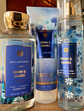 3pc DENIM  DAISIES 8oz CREAM FRAGRANCE MIST 10oz Shower GEL Bath and Body Works