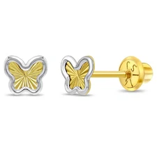 14k Yellow and White Gold Two-tone Butterfly Screw Back Earrings for Young Girls