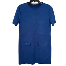 Zara Twill Dress Medium Blue Faux Pocket Classy Old Money Shift Preppy