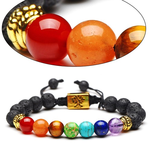 Natural 7 Chakra Tree Of Life Charm Lava Stones Multicolor Bead Rope Bracelet - Picture 5 of 9