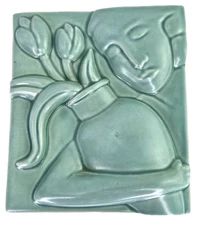 Donna Polseno Art Deco 3D Relief Ceramic Hanging Art Tile Woman Holding Tulips