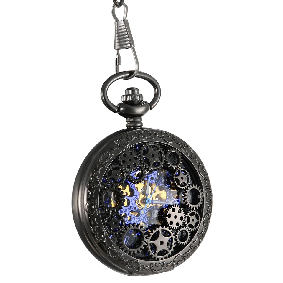 Vintage Steampunk Skeleton Mechanical Pocket Watch Windup Black Men's Women's - Image 2 of 4