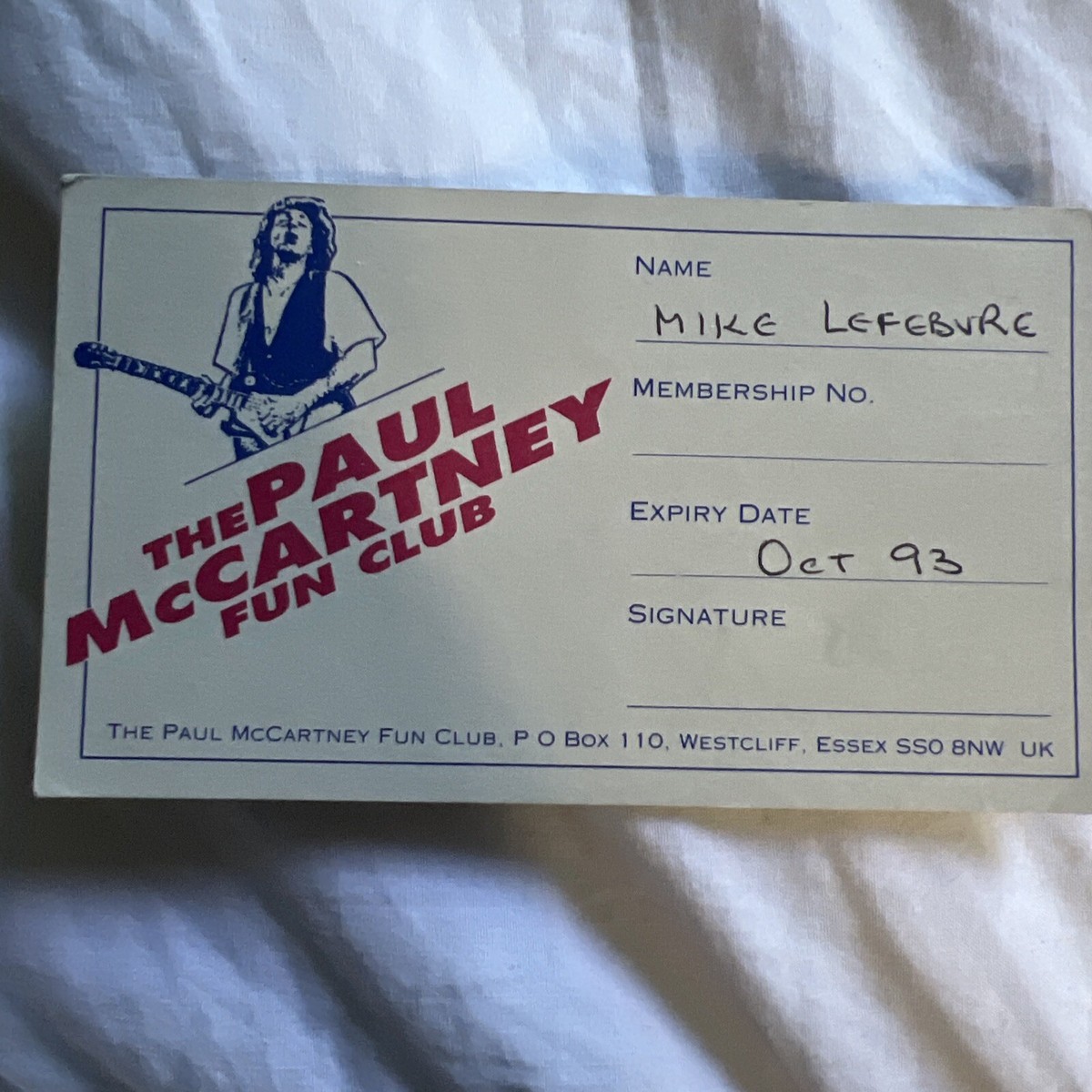 Paul McCartney fun club 1993 membership card | eBay
