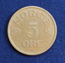 1955 Norway 5 Five Ore Bronze Coin KM 400 Haakon VII