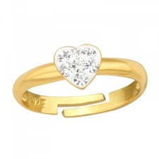 Girls Sterling Silver Heart Clear Crystal Gold Plated Ring Size 4 - 5 - Boxed