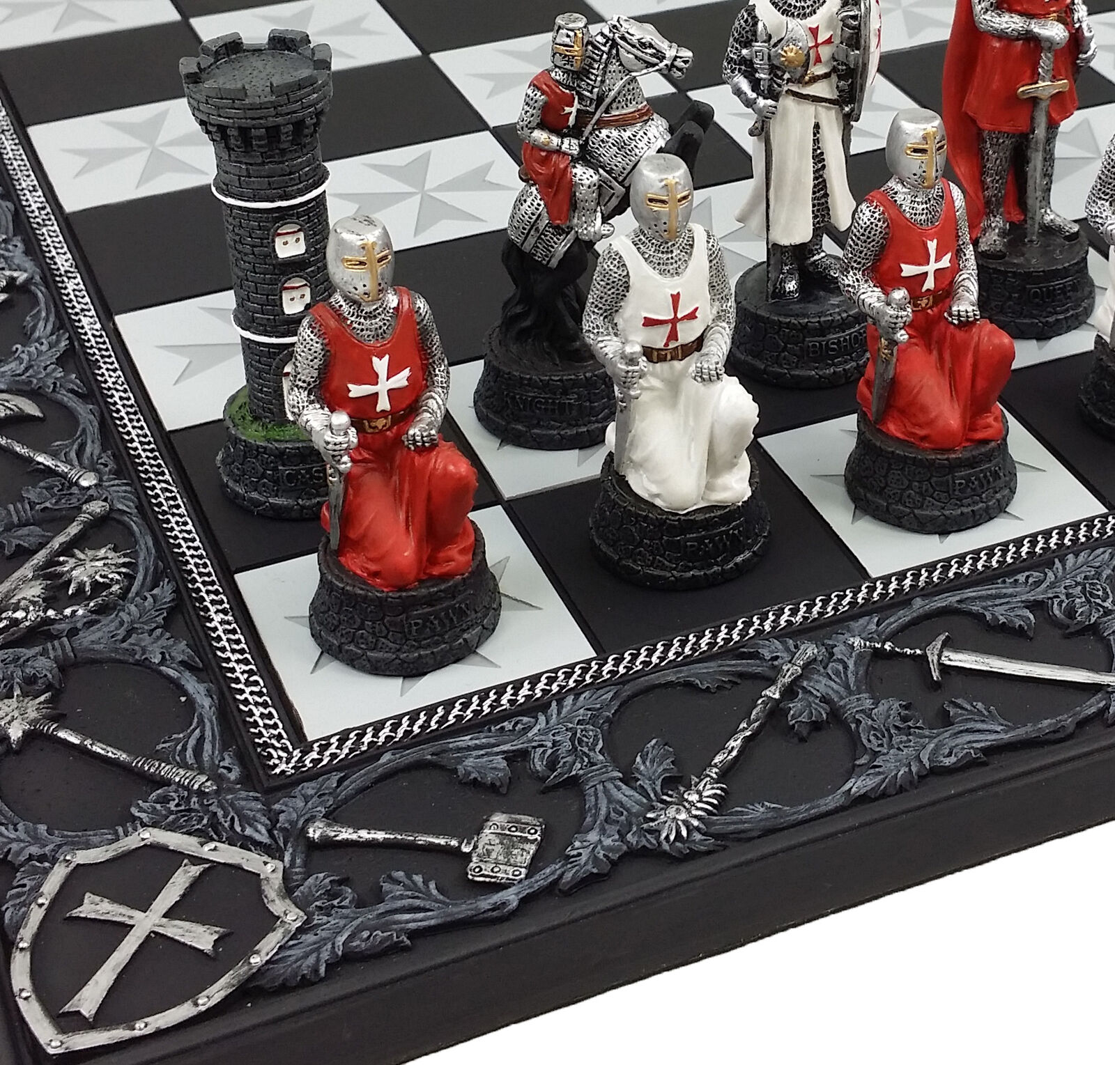 Medieval Times Crusades Red & White Armored Maltese Knights Chess Set 17  Board