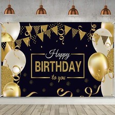Black and Gold Happy Birthday Backdrop Banner Photo Booth Background Party Decor