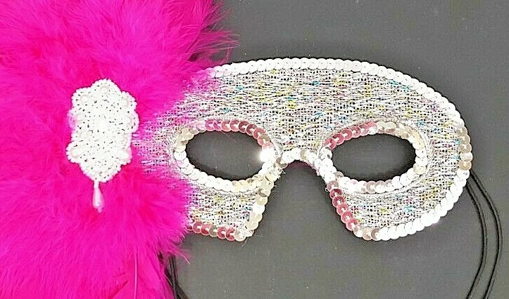 Mardi Gras Silver Sequined Mask Elegant Embellished W/Pink Feather & Faux Pearls - Image 2 of 4