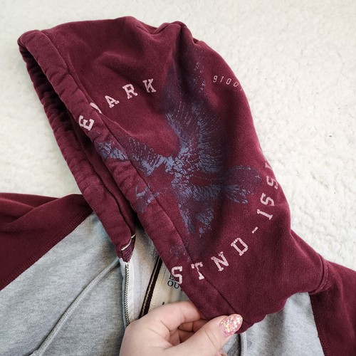 American Eagle Full Zip Hooded Sweatshirt Mens Lg Gray Burgundy Raglan Pockets - Picture 9 of 10