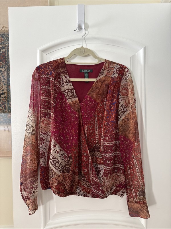 Lauren Ralph Lauren Paisley Wrap Design Blouse Top Semi-Sheer Sleeves Size M