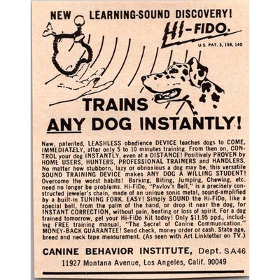 Canine Behavior Institute Dept Hi-Fido Patented Los Angeles CA 1966 Ad SAH8-3-1