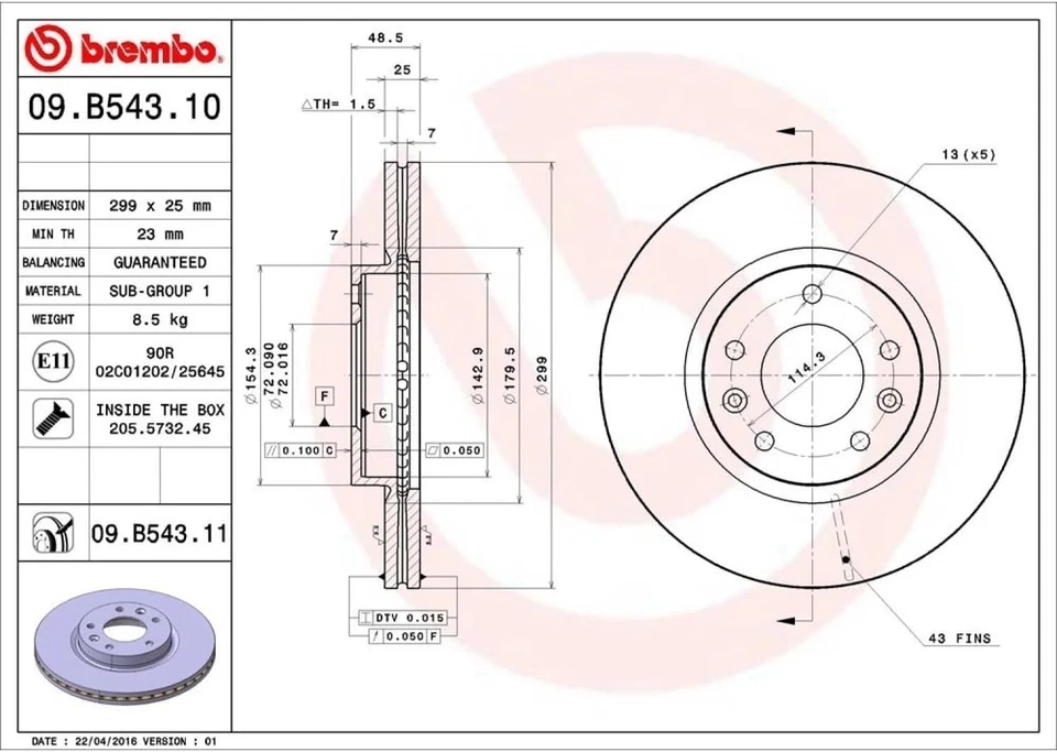 Rotor de freno delantero ventilado con recubrimiento UV Brembo 09.B543.11 FORD EE. UU. OE# 6E5Z1125AA Foto 2 de 2
