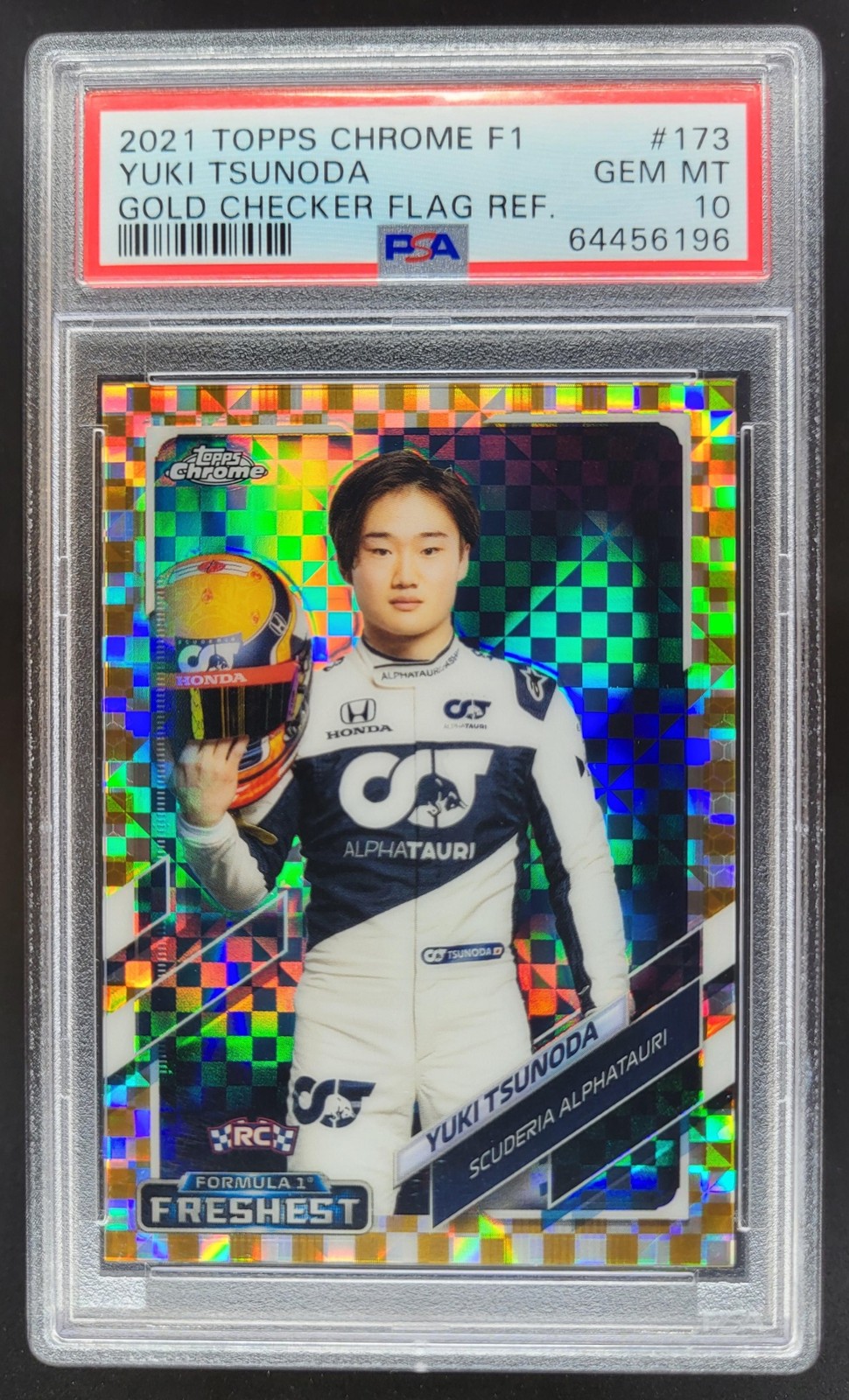 2021 Topps Chrome Formula 1 Yuki Tsunoda Gold Checker Flag /50 RC PSA 10 MC7