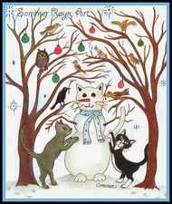 Christmas Snowman Kitty, Cats building a snow cat, Holiday NoteCard, Item 0102